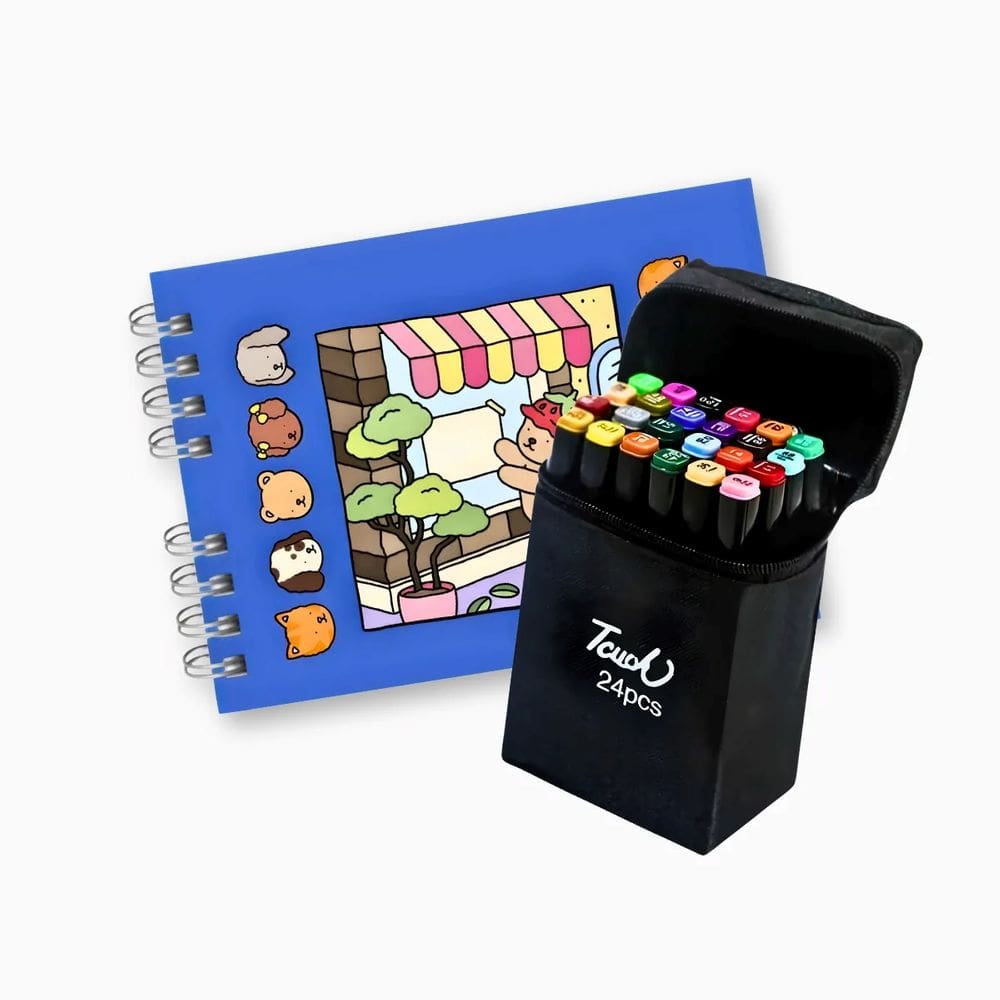 Kit 24 Canetas Marcadoras Ponta Dupla + Livro Colorir Azul