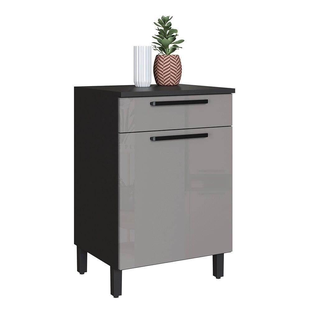 Balcão de Cozinha 1 Porta e 1 Gaveta, Indekes Isa, Chumbo e Titânio, 60 cm