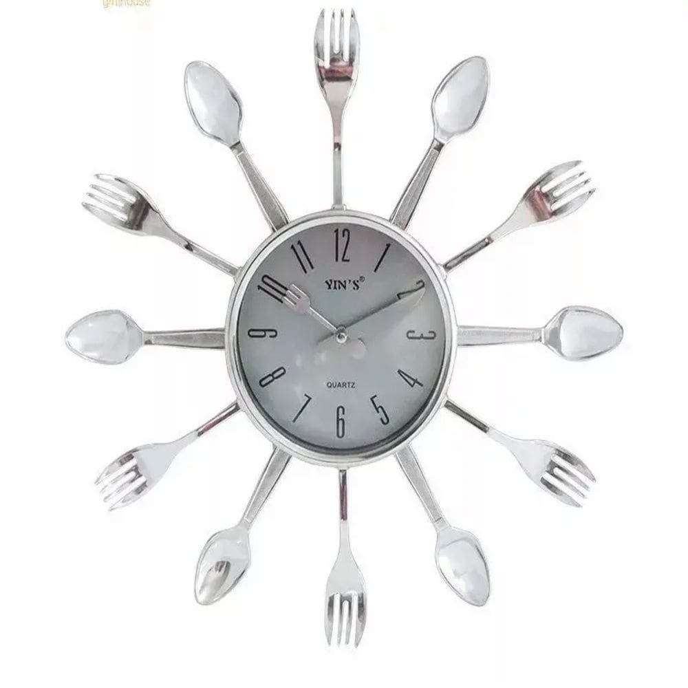Relógio de Parede Cozinha Talheres Estilo Retro Prateado