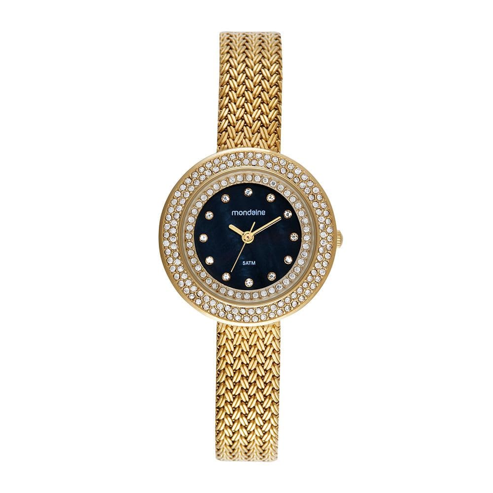 Relógio MONDAINE feminino strass dourado preto 32823LPMVDE2