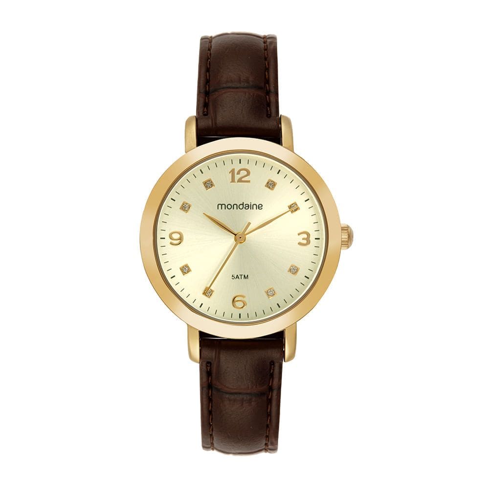 Relógio MONDAINE feminino dourado marrom couro 99757LPMVDH3