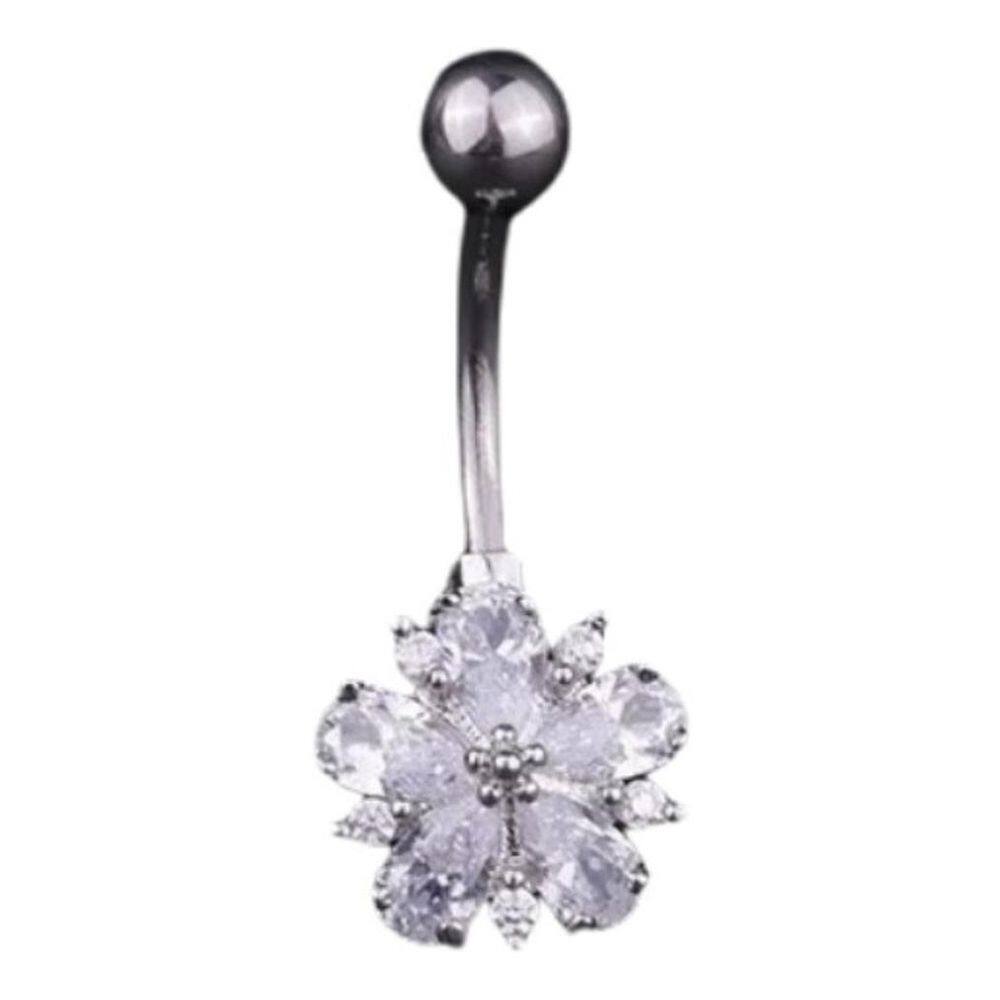 Piercing De Umbigo Prata Flor Zirconia Pequeno Aço 316