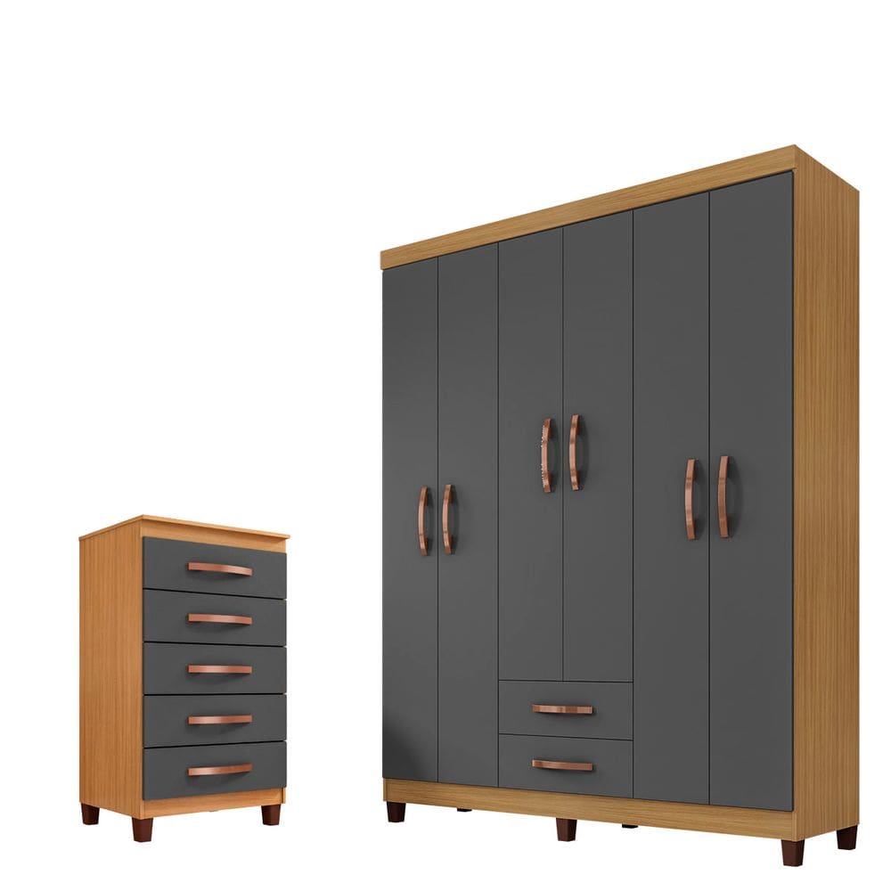 Guarda Roupa De Casal 6 Portas e 2 Gavetas Sem Espelho Com Cômoda Sapateira 5 Gavetas Carvalho Americano - Grafite - ÉdeCasaMóveis