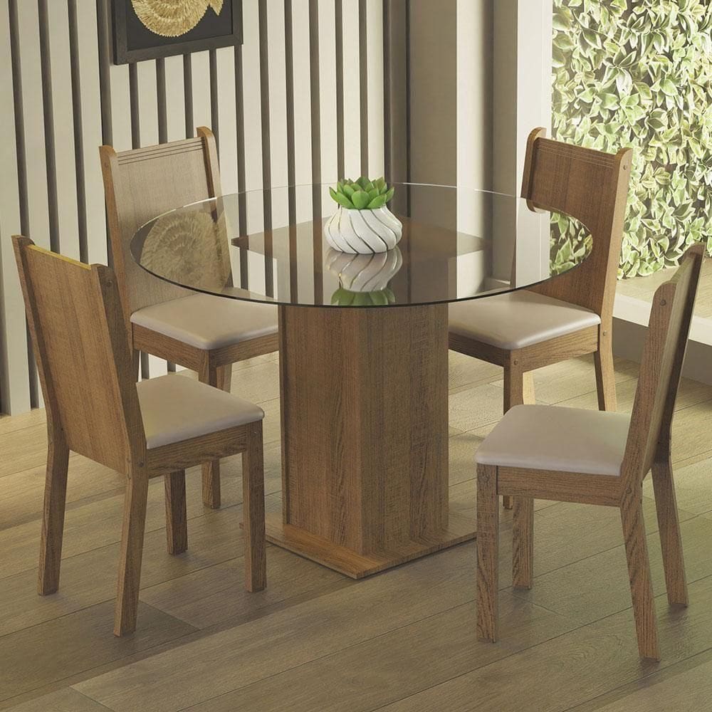 Conj. Mesa Tampo De Vidro 4 Cadeiras Rustic/bege