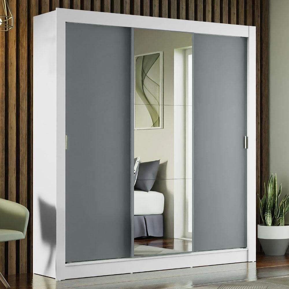 Guarda-roupa Casal Mônaco 3 Portas Com Espelho Branco/Cinza