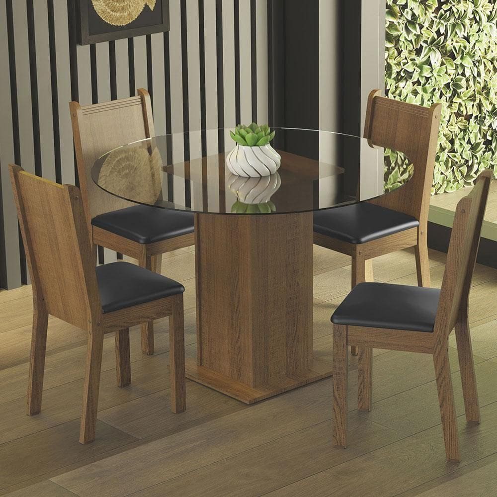 Conj. Mesa Tampo De Vidro 4 Cadeiras Rustic/Preto