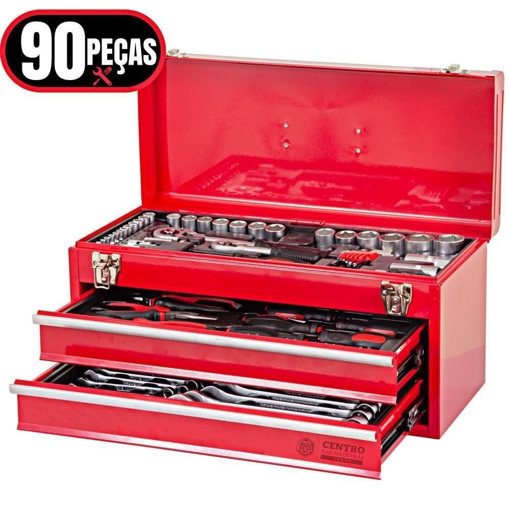 Baú Gabinete De Ferramentas Em Metal C/ 2 Gavetas + 90 Pçs