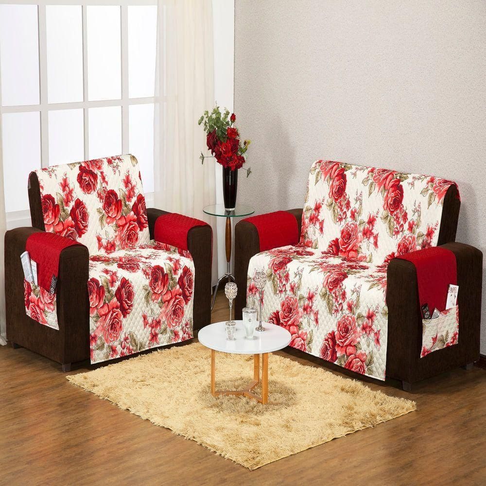 Protetor De Sofá 2 E 3 Lugares Floral Vermelho
