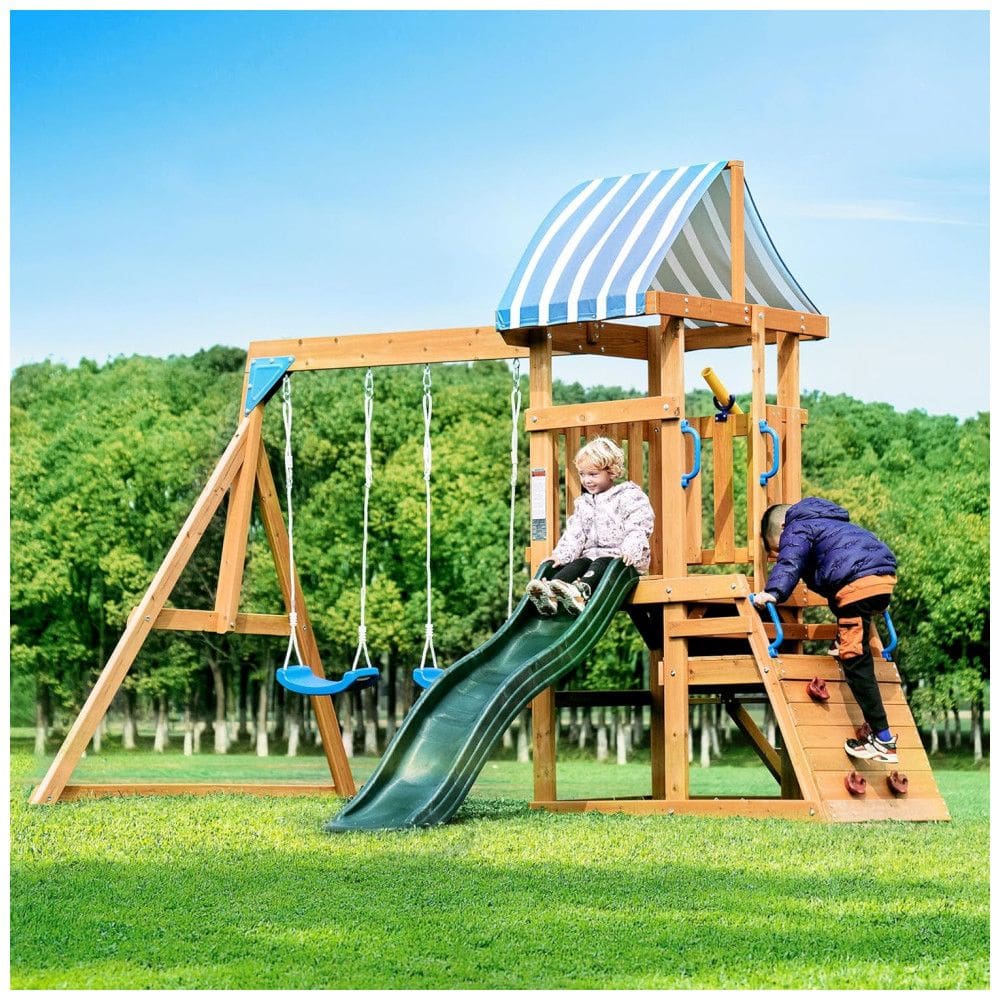 Playground com Parede de Escalada Infantil ROBUD Conjunto de Balanço para Quintal, Brinquedo Infantil em Madeira, com 2 Balanços,