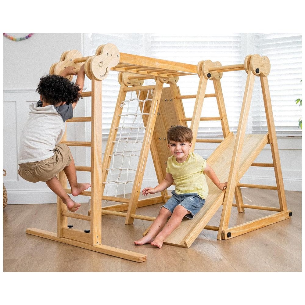 Playground Avenlur 7-em-1 Playground Indoor Para Crianças 2-6 Anos Com Escorregador, Parede de Escalada, Escada, Rede, Barras, Balanço e