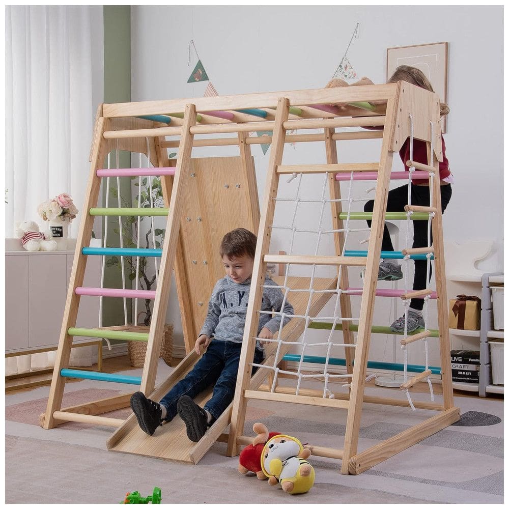 Playground Interno Avenlur Magnolia 7-em-1, com Escorregador, Parede de Escalada, Rede de Escalada, Barra de Macaco e Balanço, Estilo