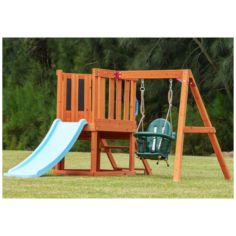 Playground Infantil de Madeira Cedro com Mesa ao Ar Livre, Escorregador, Balanço para Bebês e Parede de Escalada, DOLPHIN PLAYGROUND T,