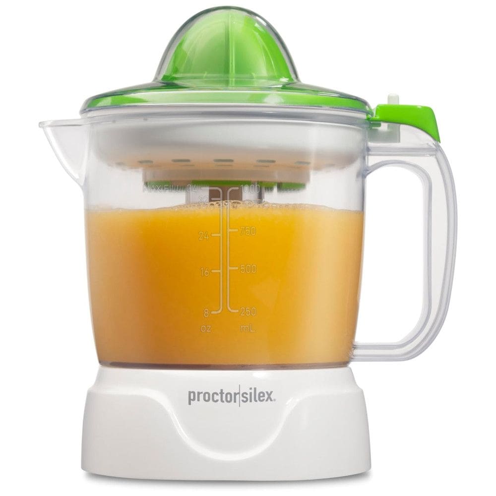 Espremedor de Sucos Elétrico Proctor Silex, 1L, para suco de laranja, limão e toranja, branco e verde (66340). Ideal para sucos frescos.
