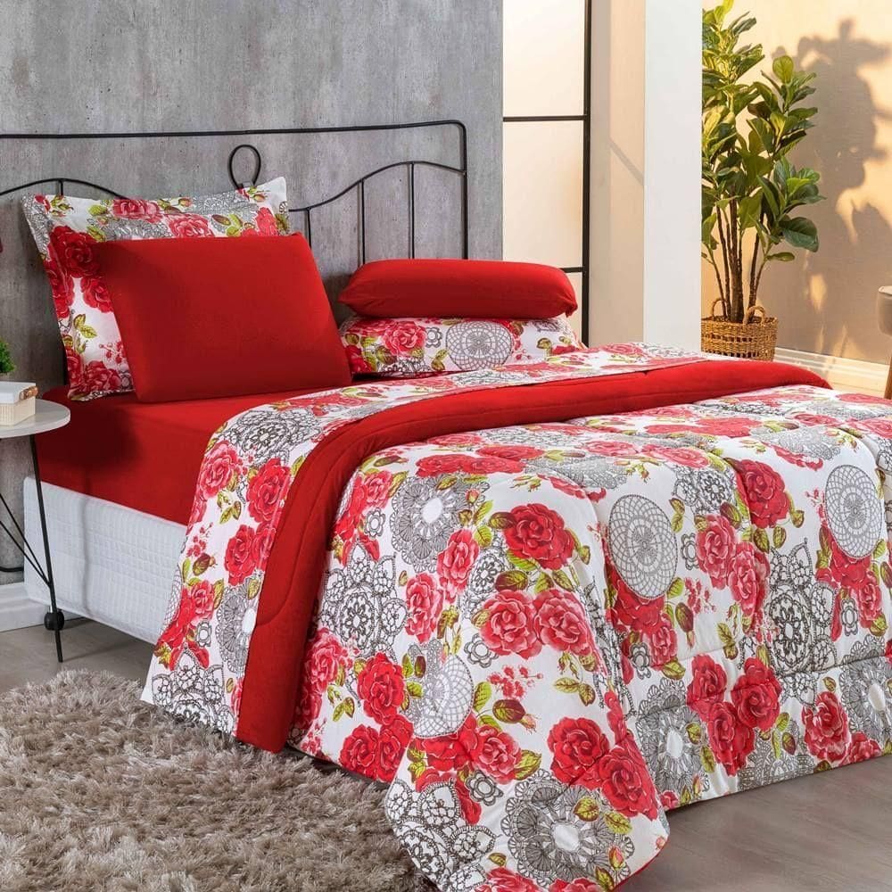 Kit Edredom + Jogo De Lençol Malha 100% Algodão Primavera 6 Peças Casal - Floral Vermelho
