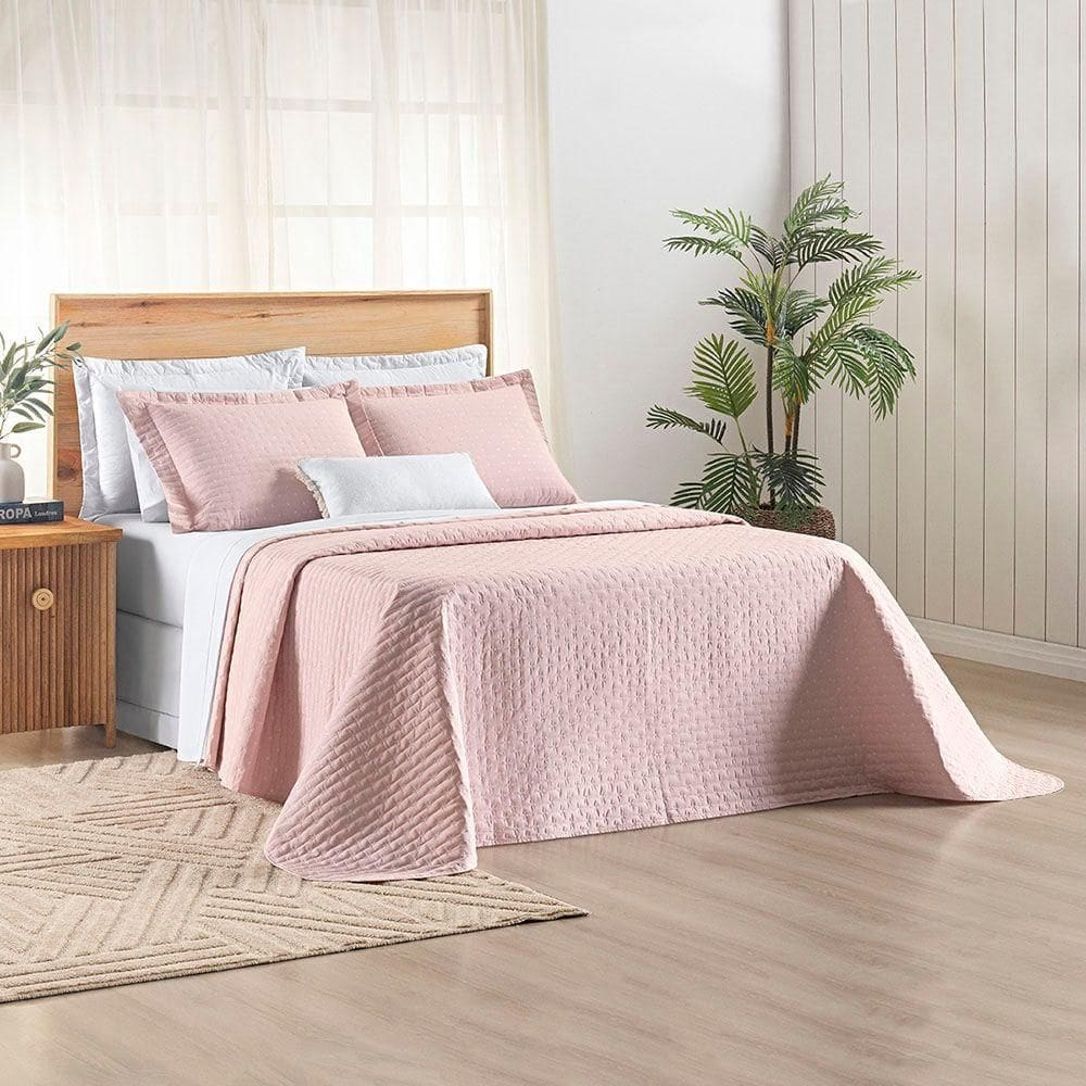 Kit Cobre Leito Colcha Marley Casal Dupla Face - Rosa