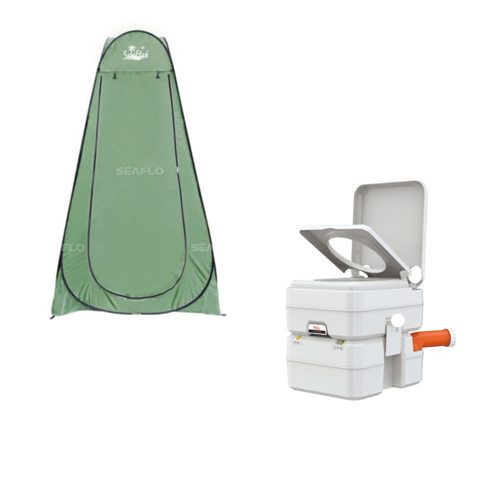 Kit Barraca Tenda Trocador De Roupa Camping Multiuso + Vaso Sanitário Químico Portátil SEAFLO Multifuncional Premium 20