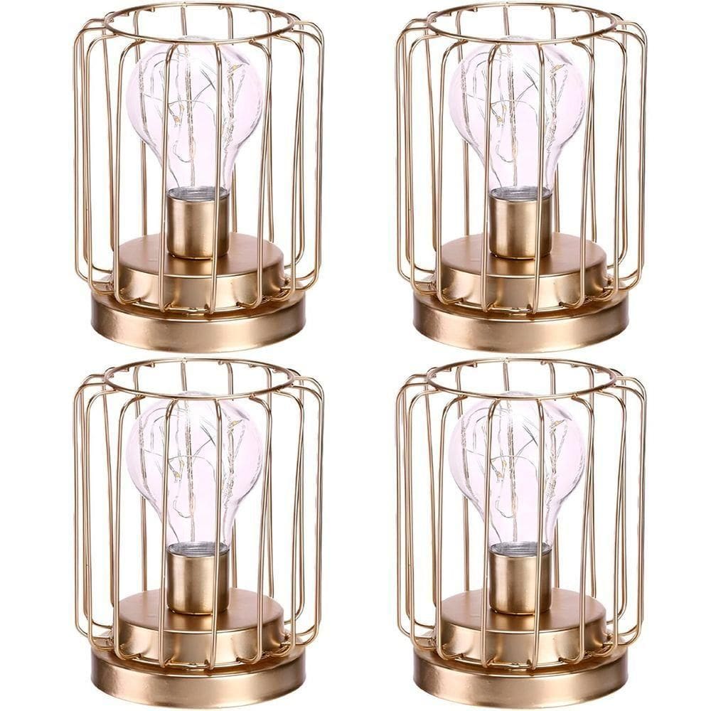 Kit 4 Abajur De Mesa Geométrico Metal Dourado Lâmpada Led