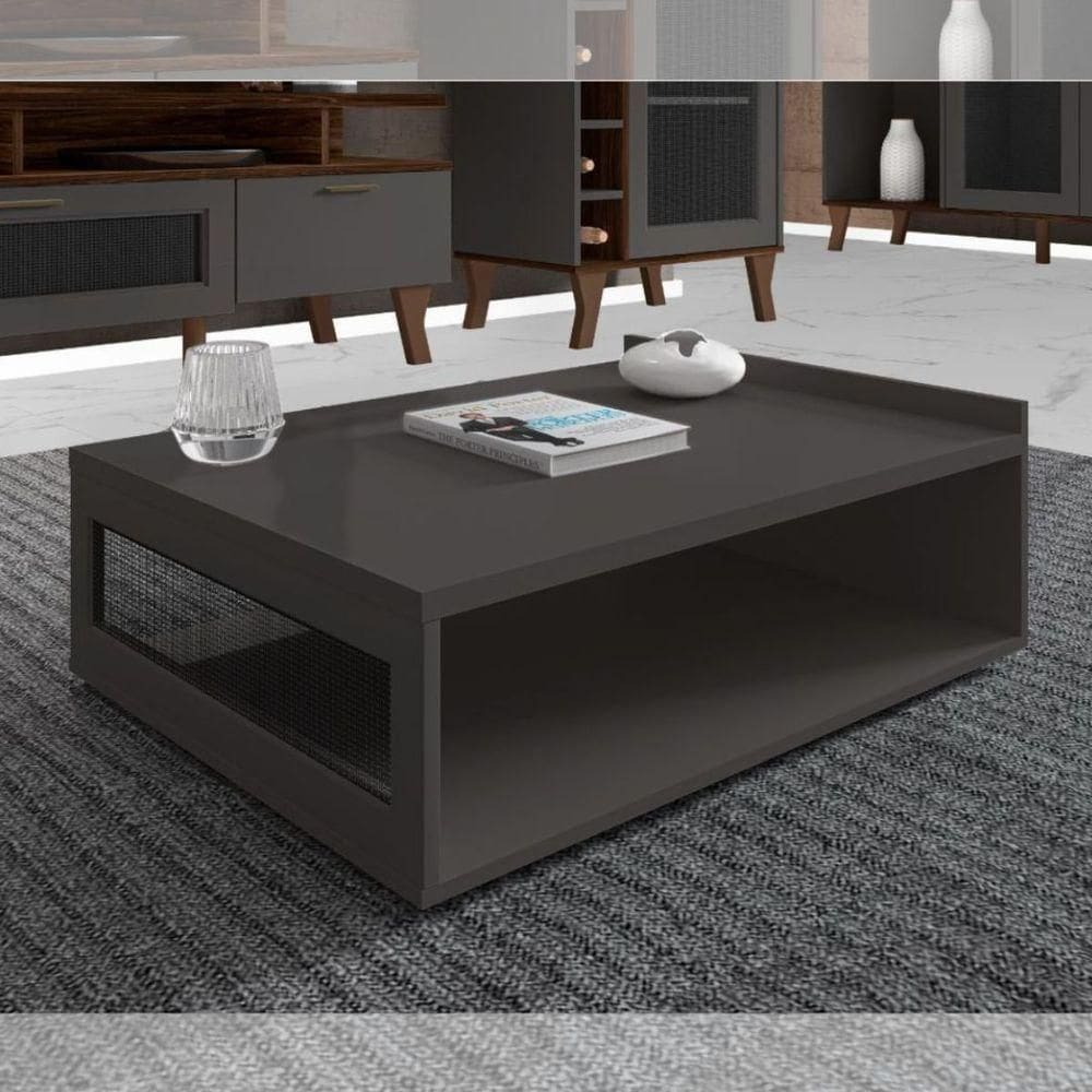 Mesa De Centro Decorativa Para Sala De Estar Em Mdf Com Tela Cinza Régio
