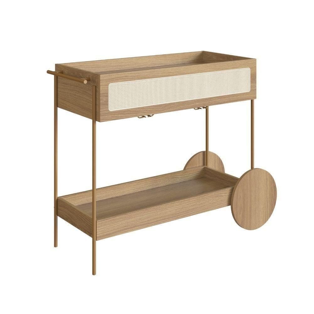 Carrinho Bar 1 Gaveta Oslo Artesano 112 Cm Largura Mdp Hanover Palha Sintética Bege Pé Metal Dourado