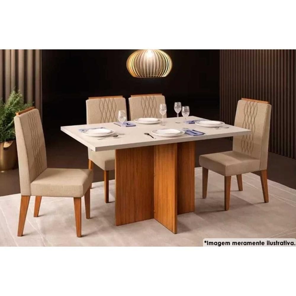 Sala De Jantar Hera C- Tampo C- Vidro 120x90cm E 4 Cadeiras Lia Freijo-linho Neve Dj Móveis