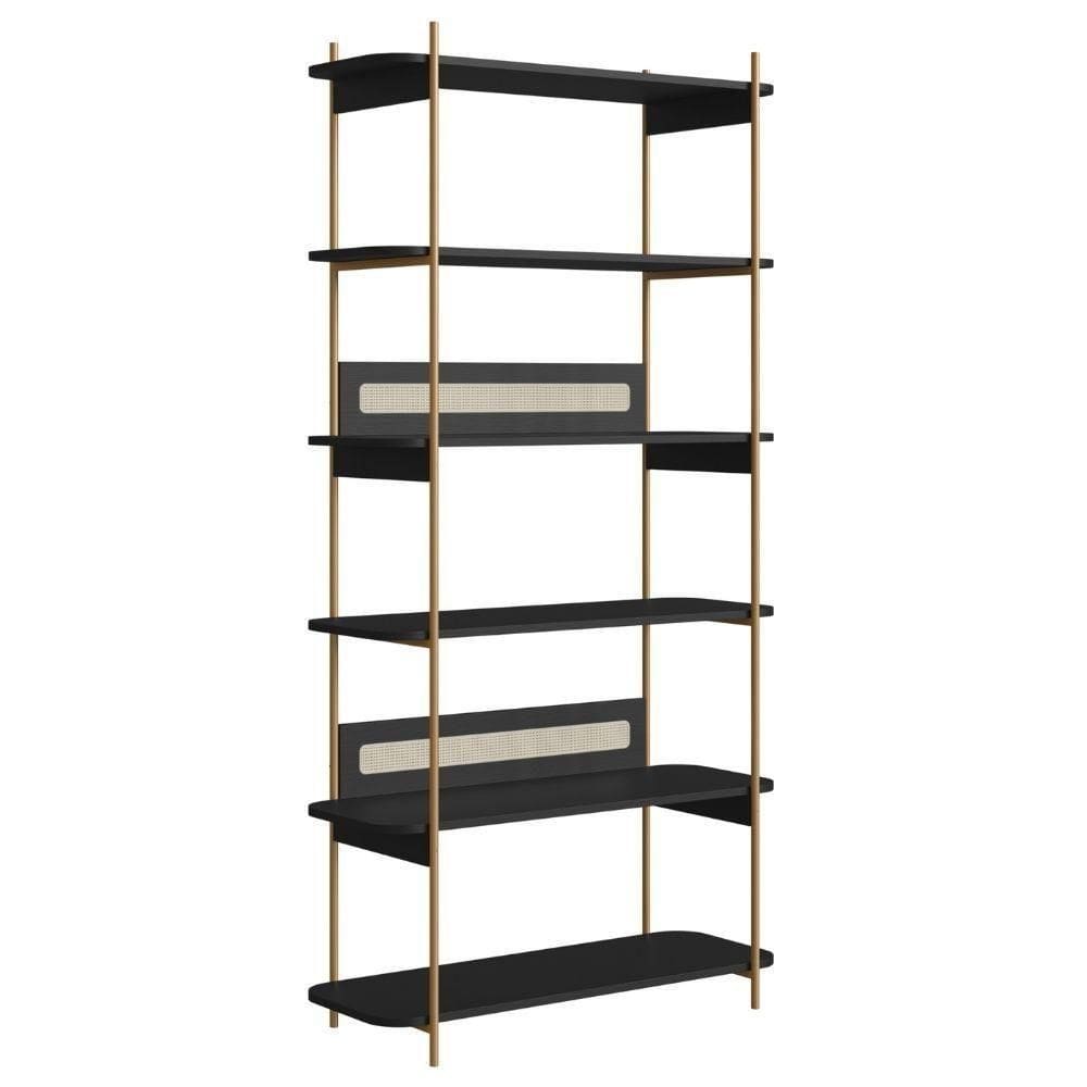 Estante Oslo Artesano 90 Cm Largura Mdp Nero Palha Sintética Bege Pé Metal Dourado