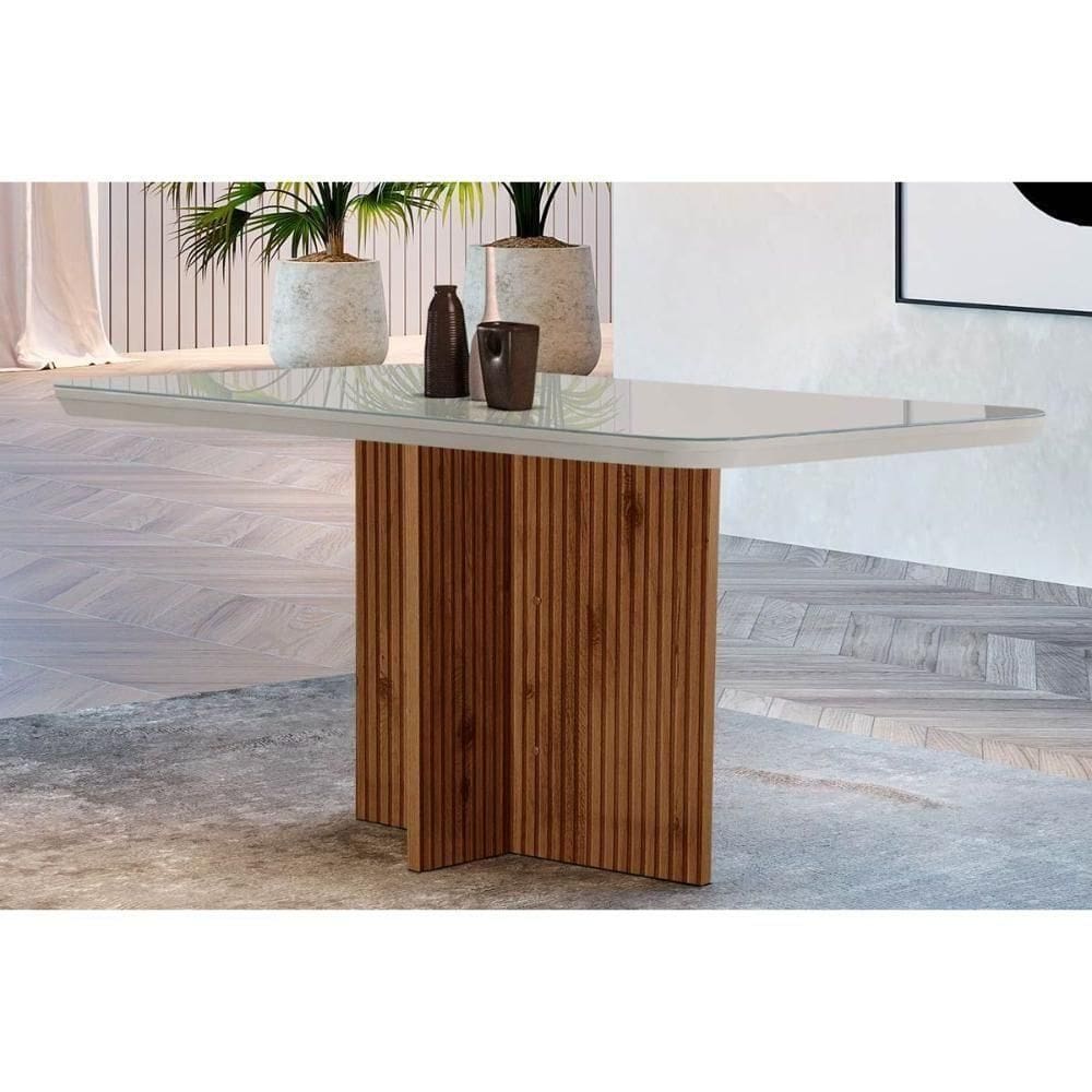 Mesa P- Cozinha Berlim C- Tampo 120x80cm Madeirado Vidro Canto Curvo - Imbuia-off White - Rufato