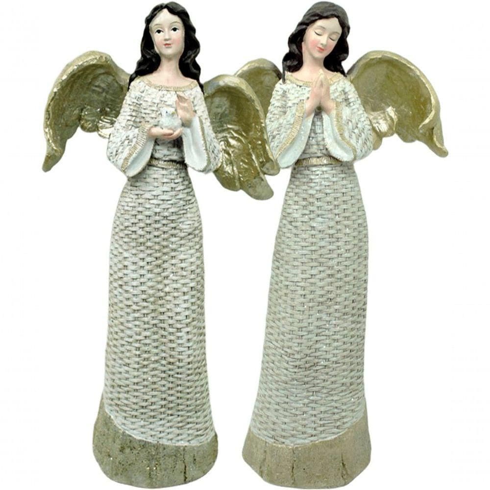 Dupla Anjos Decoração Em Resina Natal Glitter Branco De 38cm