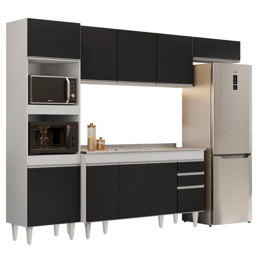 Armário De Cozinha Modulada 4 Peças Cp12 Balcão Com Pia Inox Branco-preto - Lumil