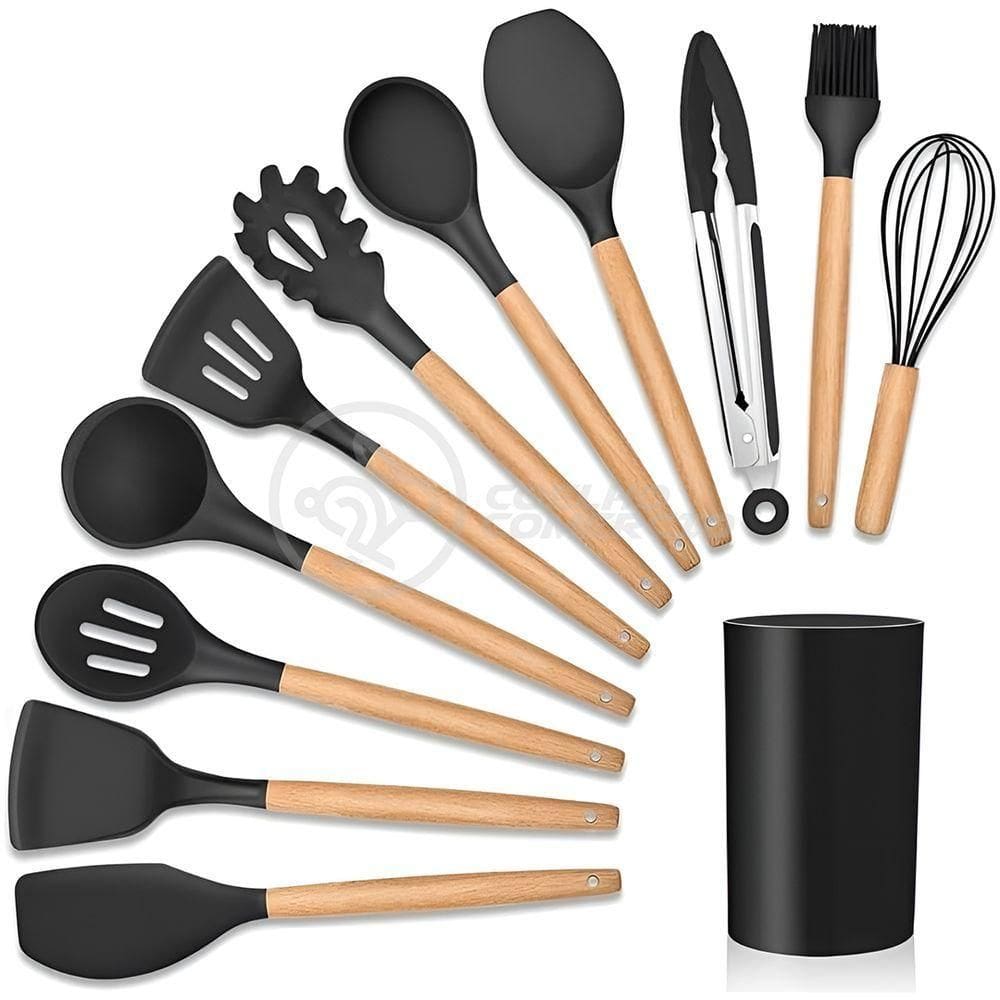 Kit 12 Utensílios De Cozinha Peças De Silicone E Cabo De Madeira Madeira Resistentes - Preto