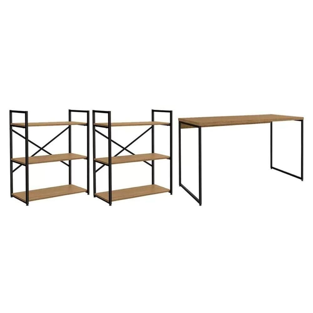 Escritório Completo Industrial (1 Escrivaninha, 2 Estantes) 3 Peças Freijó - Kappesberg