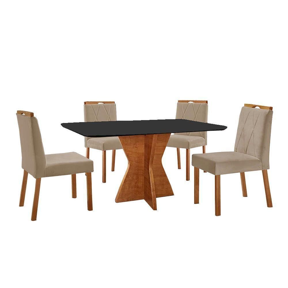 Conjunto Sala De Jantar Mesa Madri 140x80cm Tampo Retângular Vidro Preto Com 4 Cadeiras Bela Veludo Bege