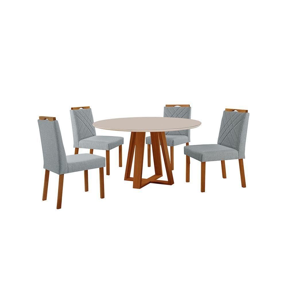 Conjunto Sala De Jantar Mesa Floripa 110cm Tampo Redondo Vidro-mdf Off White Com 4 Cadeiras Dallas Linho Cinza
