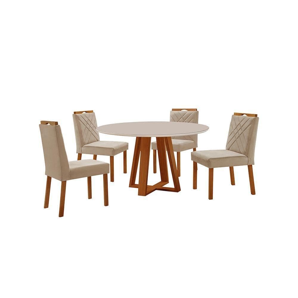 Conjunto Sala De Jantar Mesa Floripa 110cm Tampo Redondo Vidro-mdf Off White Com 4 Cadeiras Dallas Veludo Bege