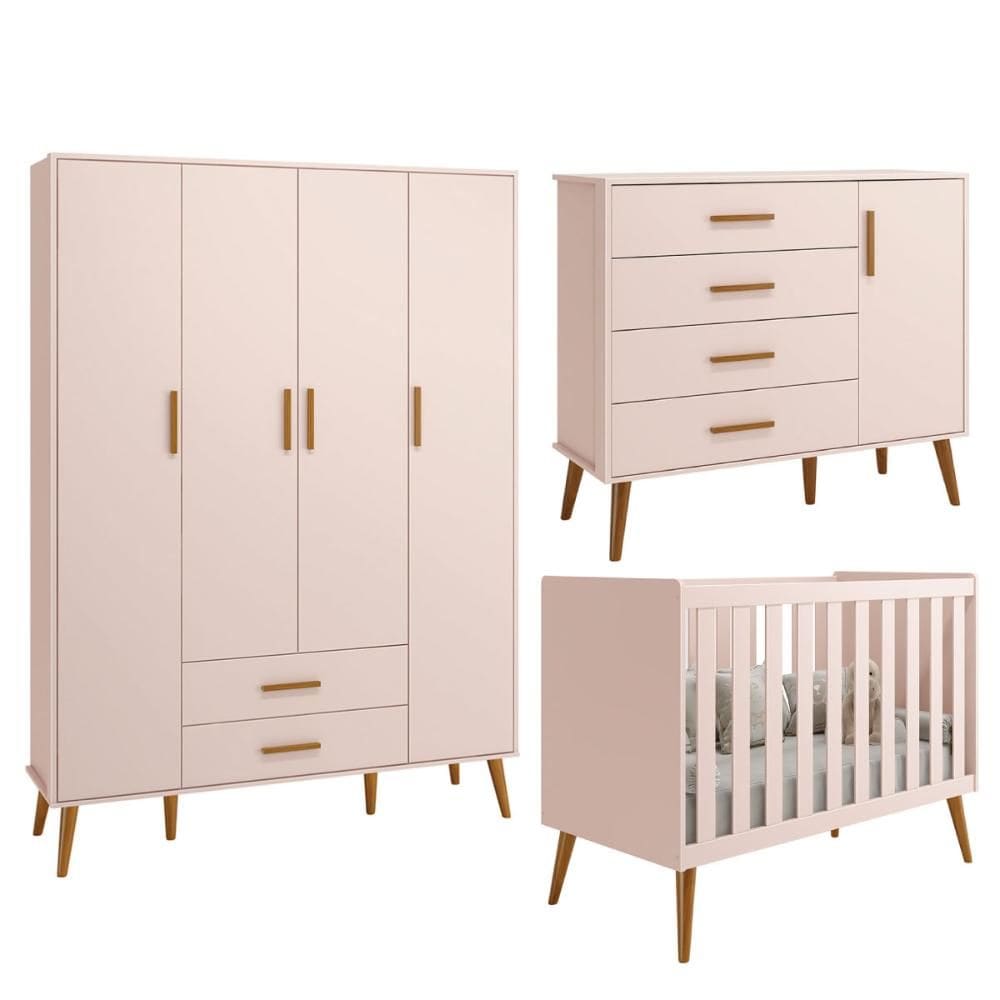 Kit Isis Berço 2 em 1 Comoda Sapateira Guarda Roupa 4 Portas