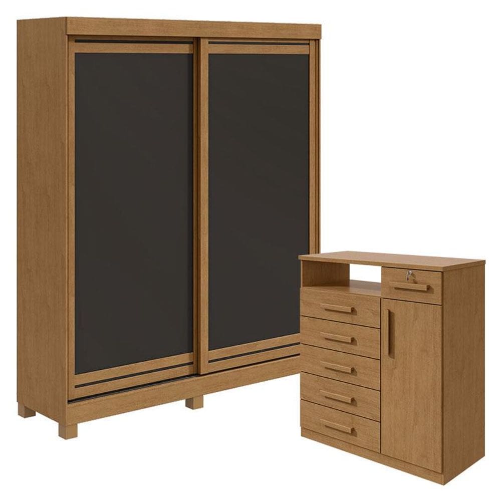 Guarda Roupa Solteiro Lani com Pés e Cômoda Da Vinci Amêndoa Clean Preto Flex - Lopas