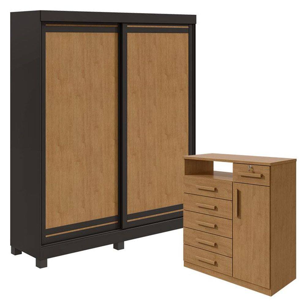 Guarda Roupa Solteiro Lani com Pés e Cômoda Da Vinci Preto Amêndoa Clean Flex - Lopas