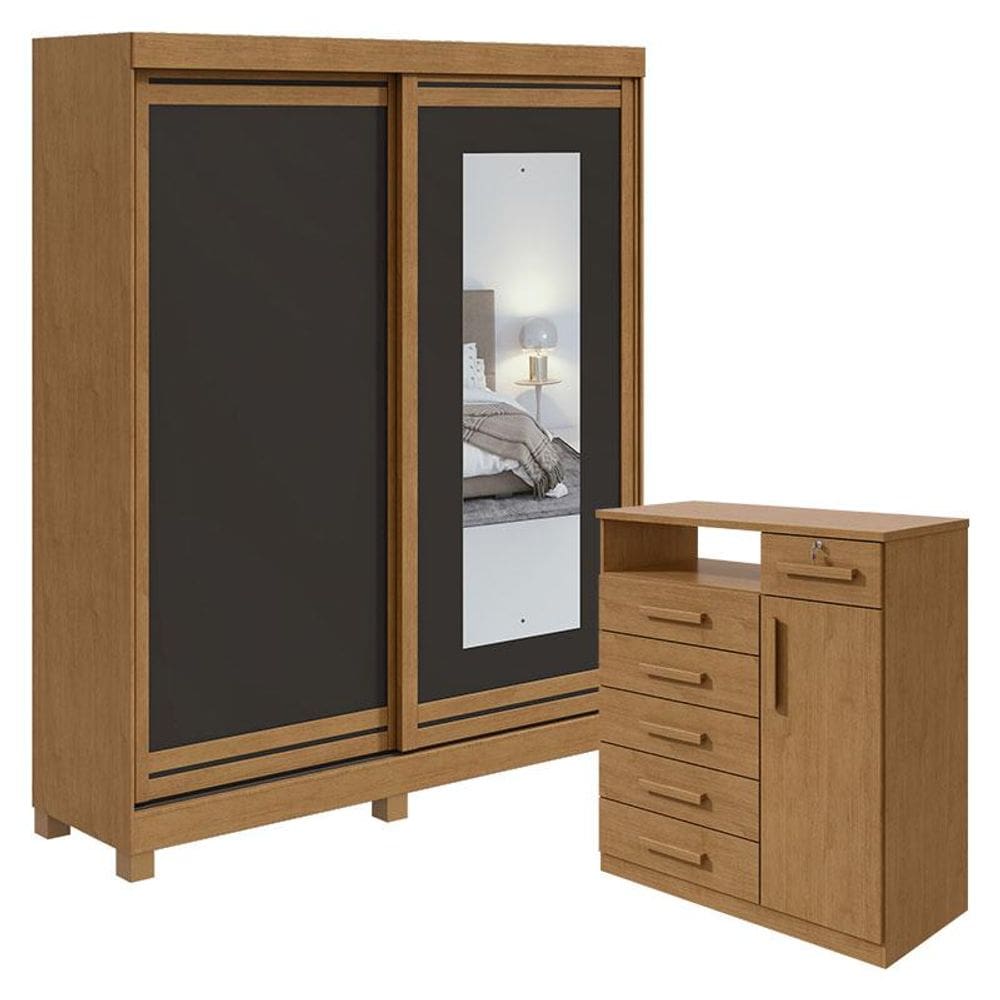 Guarda Roupa Solteiro Lani com Espelho e Pés Cômoda Da Vinci Amêndoa Clean Preto Flex - Lopas
