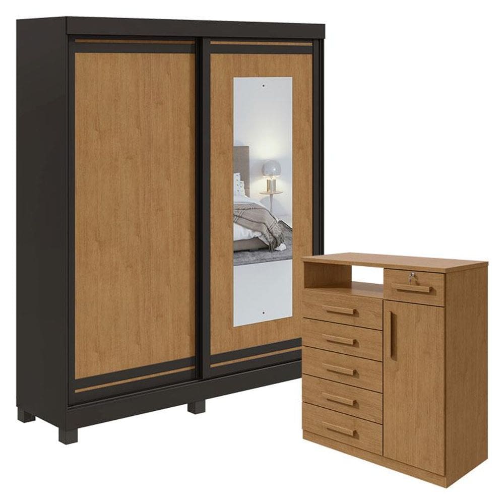 Guarda Roupa Solteiro Lani com Espelho e Pés Cômoda Da Vinci Preto Amêndoa Clean Flex - Lopas