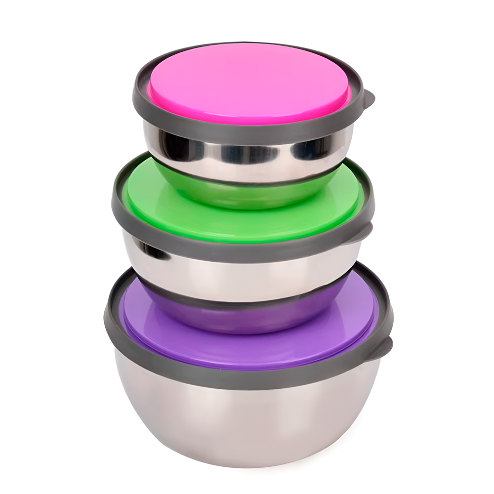 Kit Tigelas Aço Inox Com Tampa Colorida Cozinha Geladeira