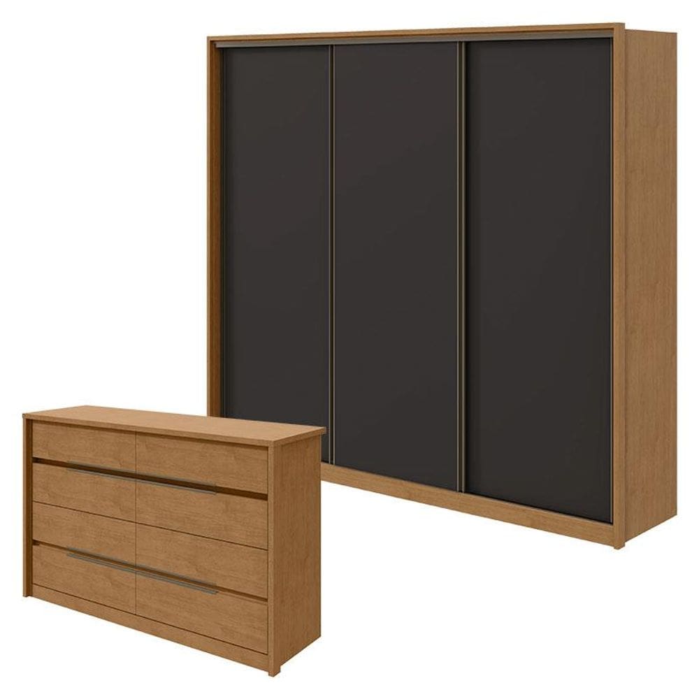 Guarda Roupa Spazio 270 e Cômoda Urban Amêndoa Preto Flex - Lopas