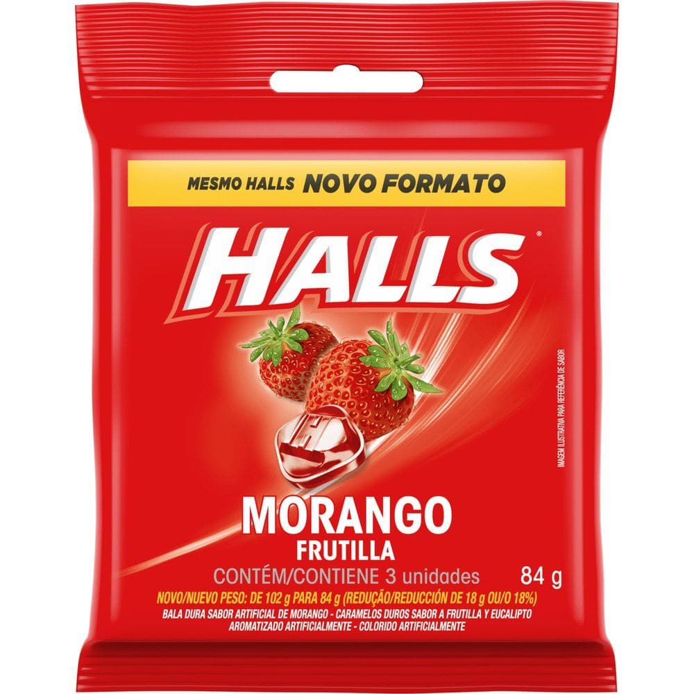 Bala Halls Morango 84g com 3 Unidades