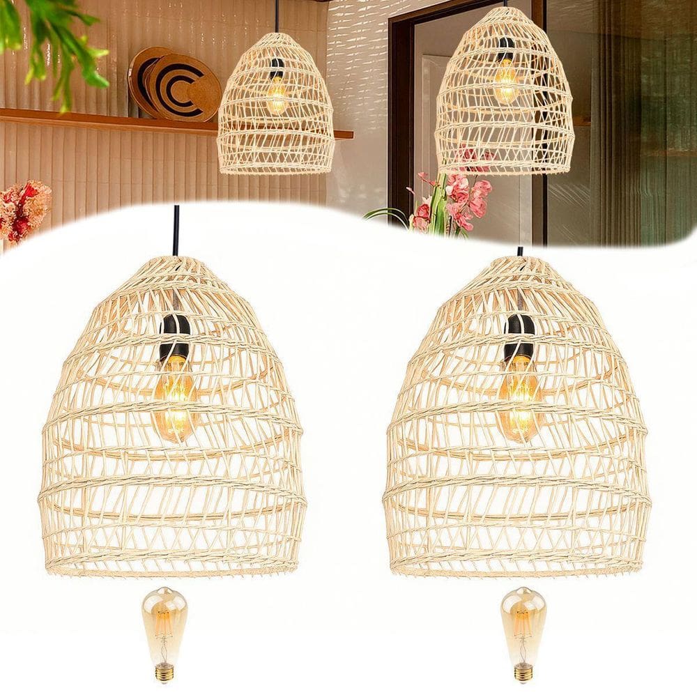 2 Pendente Rattan Em Fibra Natural Vime Bancada Fib02 + Led