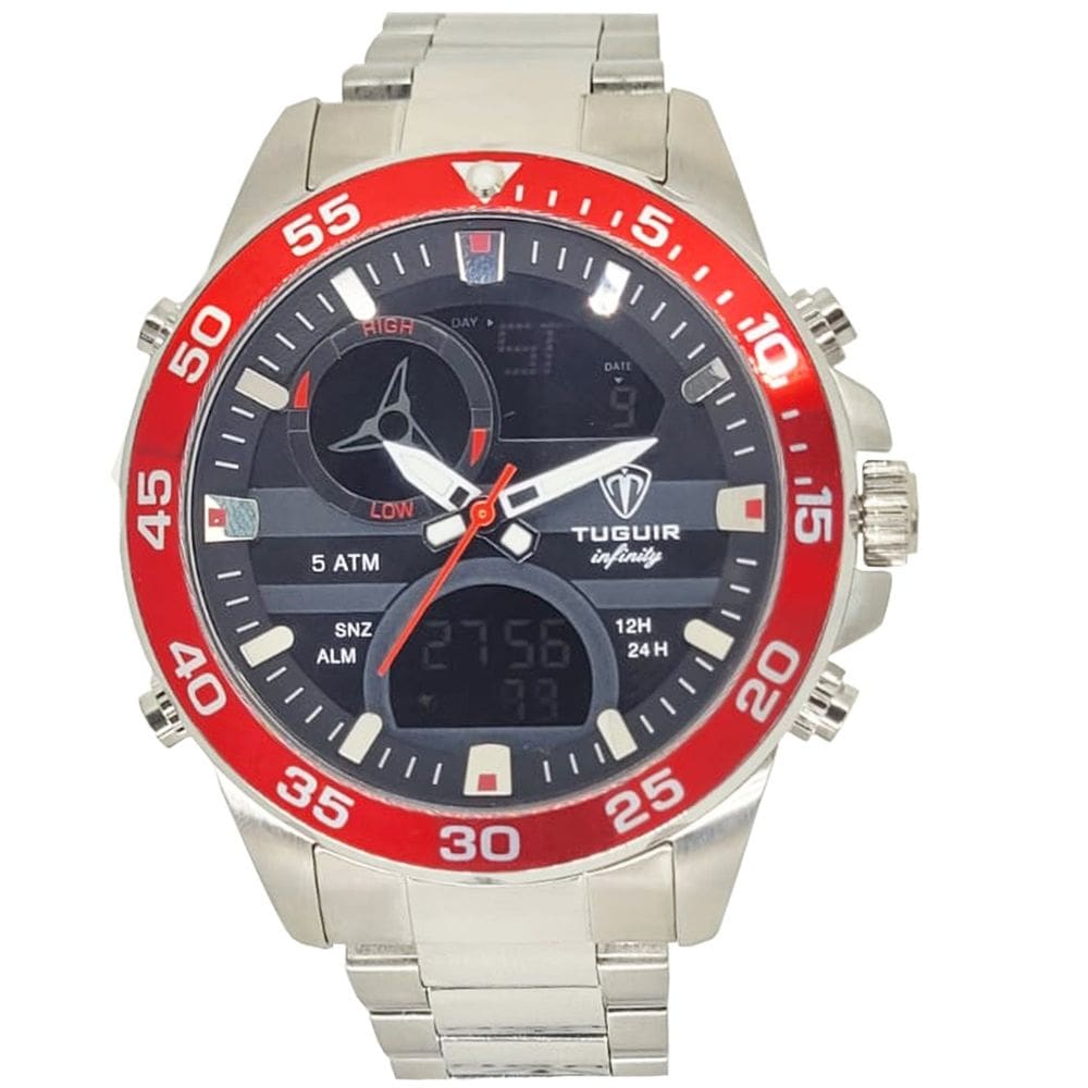 Relógio Masculino de Aço Tuguir AnaDigi Infinity 1881D Prata e Vermelho