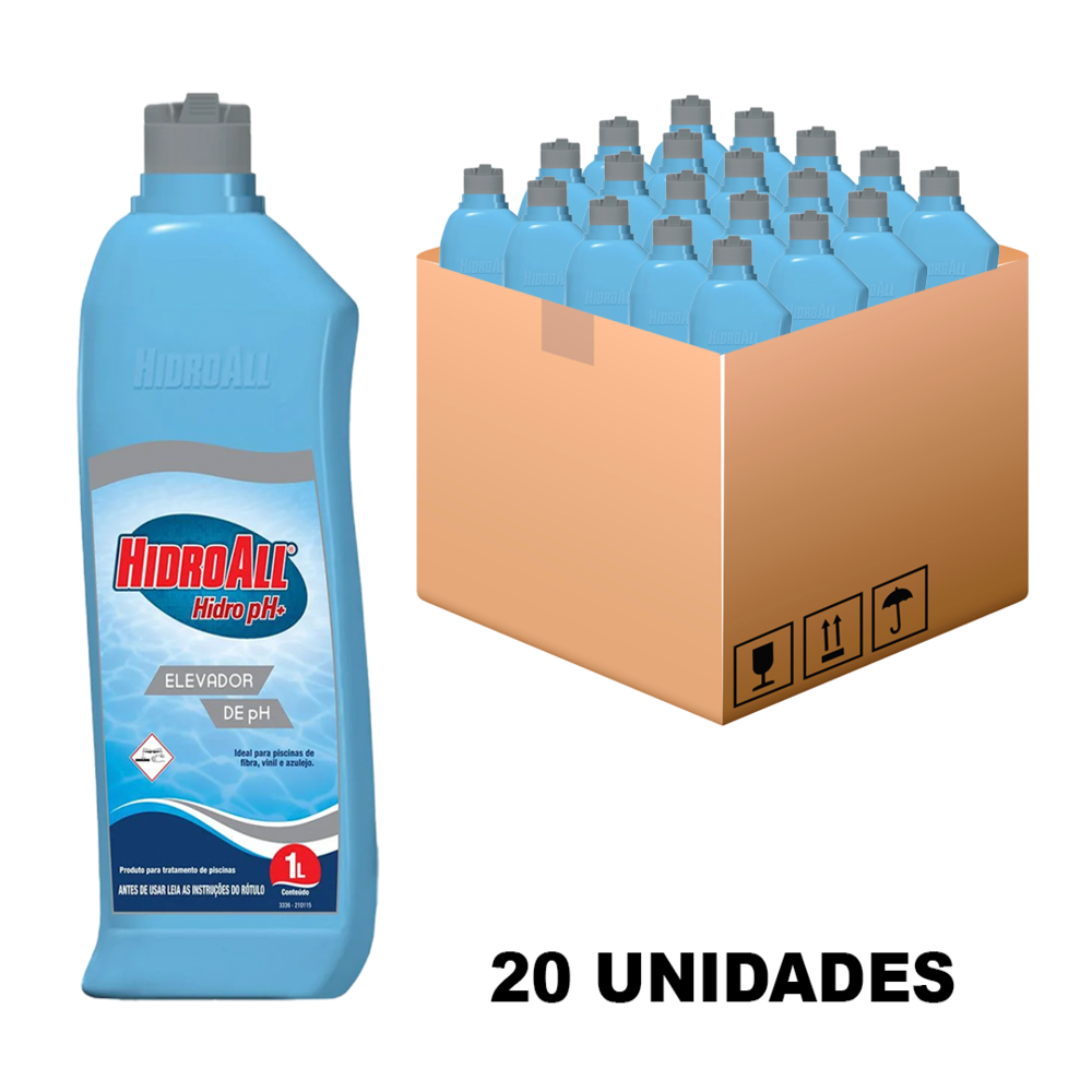 Kit 20 Elevador de Ph Liquido Hidro Ph+ Hidroall 1L Tampa Prata