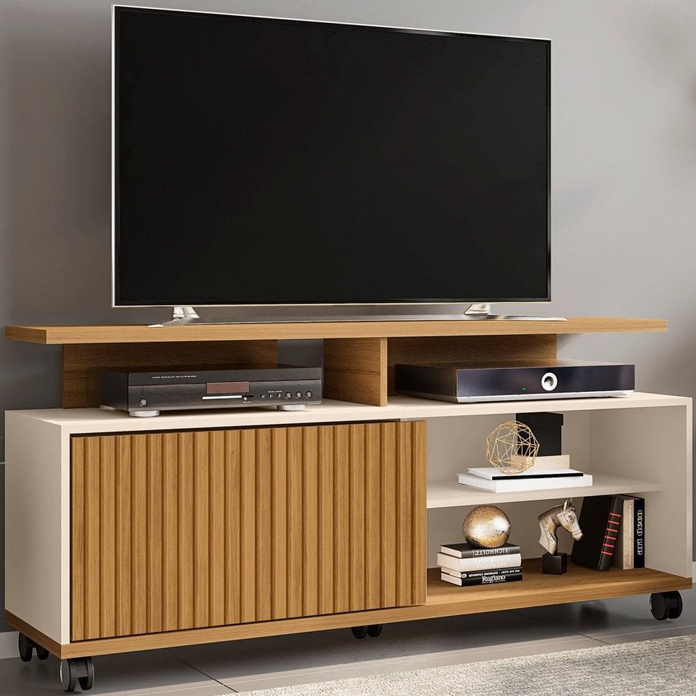 Rack para TV Até 52 Polegadas 1 Porta Malawi Ripado 3d Cinamomo/Off White - Pnr Móveis