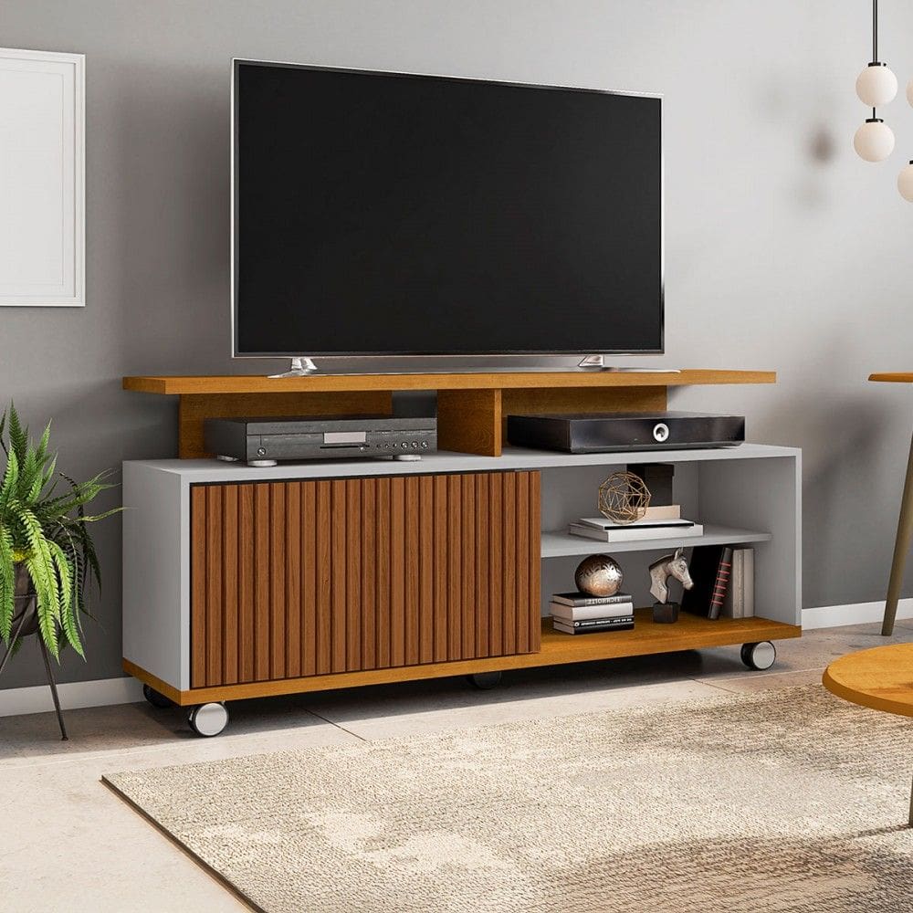 Rack para TV Até 52 Polegadas 1 Porta Malawi Ripado 3d Naturallle/Off White - Pnr Móveis