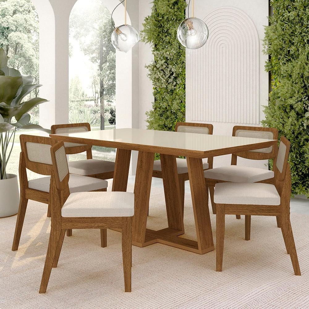 Mesa Sion 1,60 Com 6 Cadeiras Sextavada Freijó/off/bouclé Off - M.a