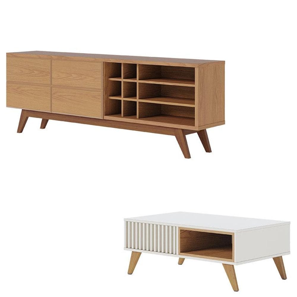 Rack Bancada Noronha 1.8 Freijó com Mesa de Centro Jeri Off White Freijó - Colibri
