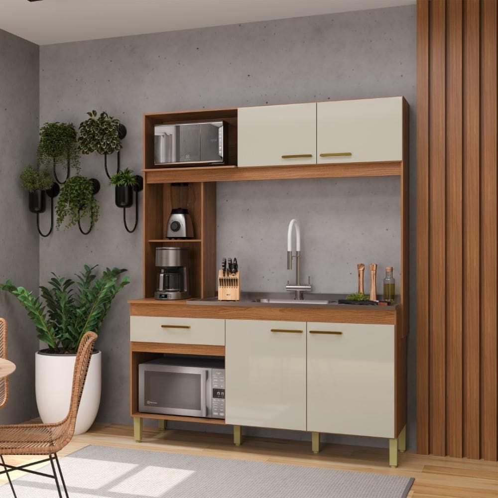 Armário De Cozinha Compacta Fidelitá Xangai 160cm 4 Portas 1 Gaveta Sem Tampo e Fundo Freijó/Off-White