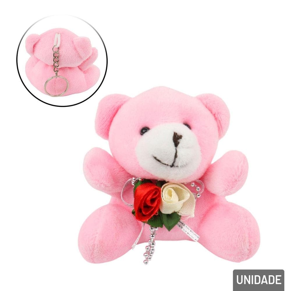 Chaveiro de Pelúcia 9cm Urso com Rosas - Tudo em Caixa